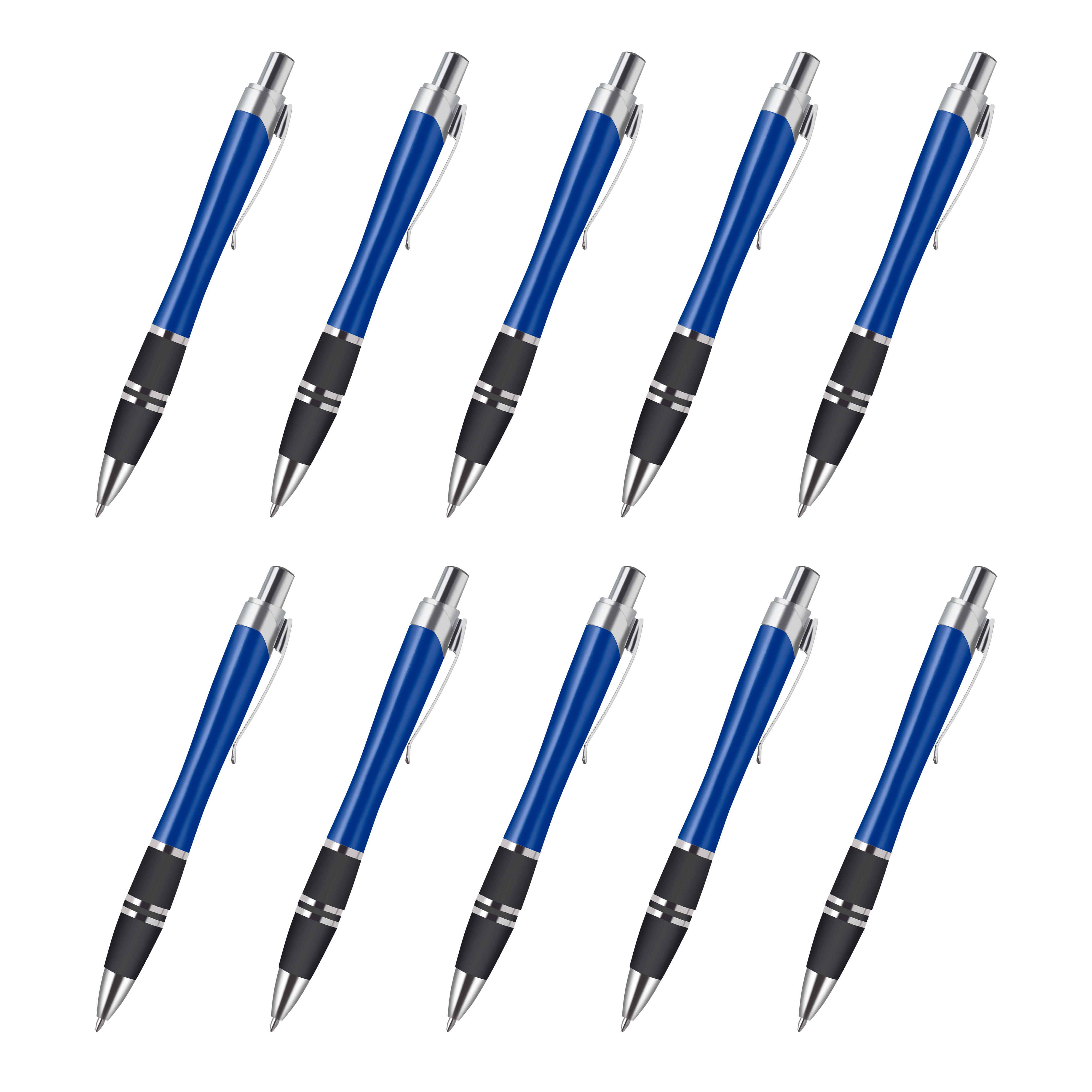 10 Silver Accent Grip Plastic Pens Pack - Click action, Rubber Grip - Blue
