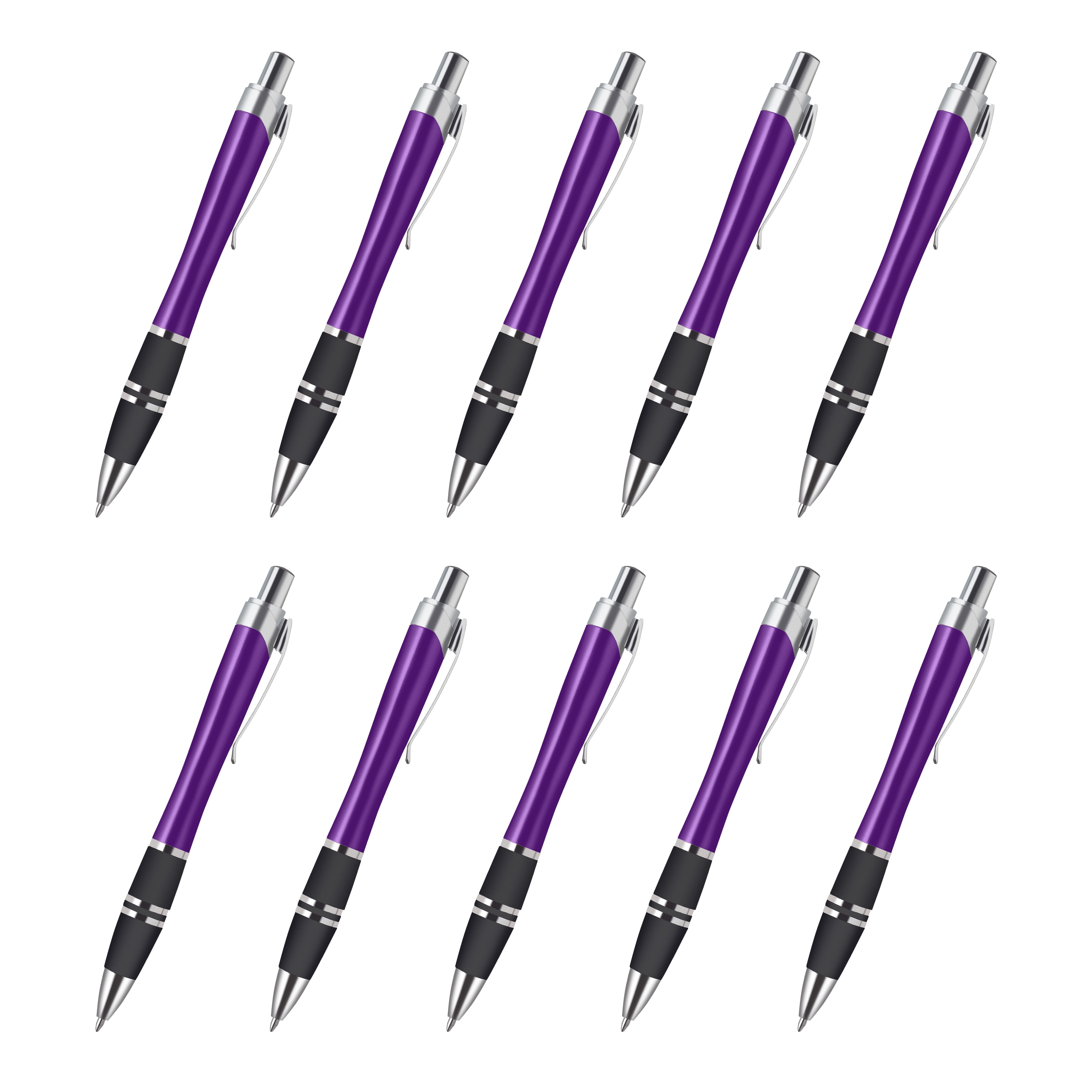 10 Silver Accent Grip Plastic Pens Pack - Click action, Rubber Grip - Purple