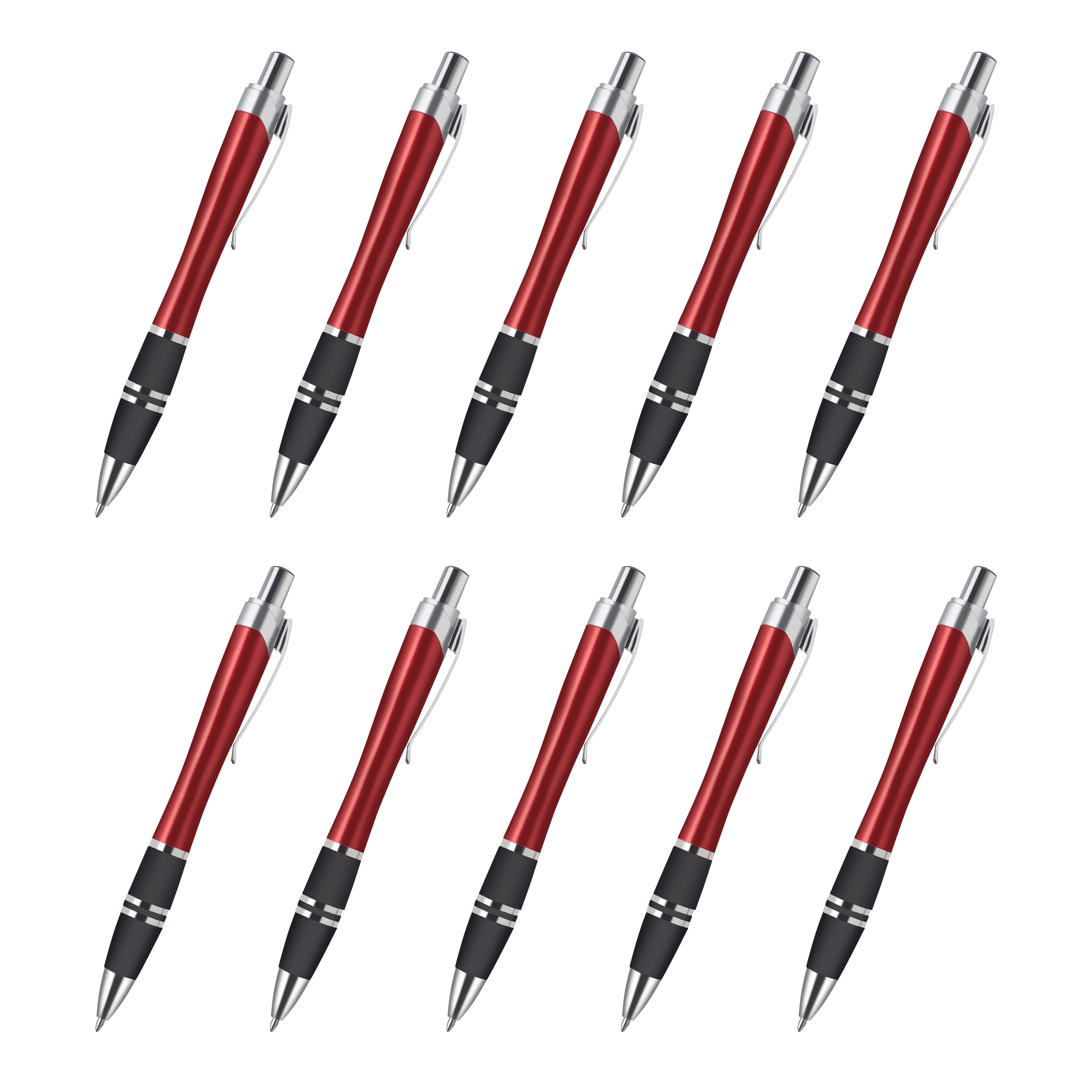 10 Silver Accent Grip Plastic Pens Pack - Click action, Rubber Grip - Red