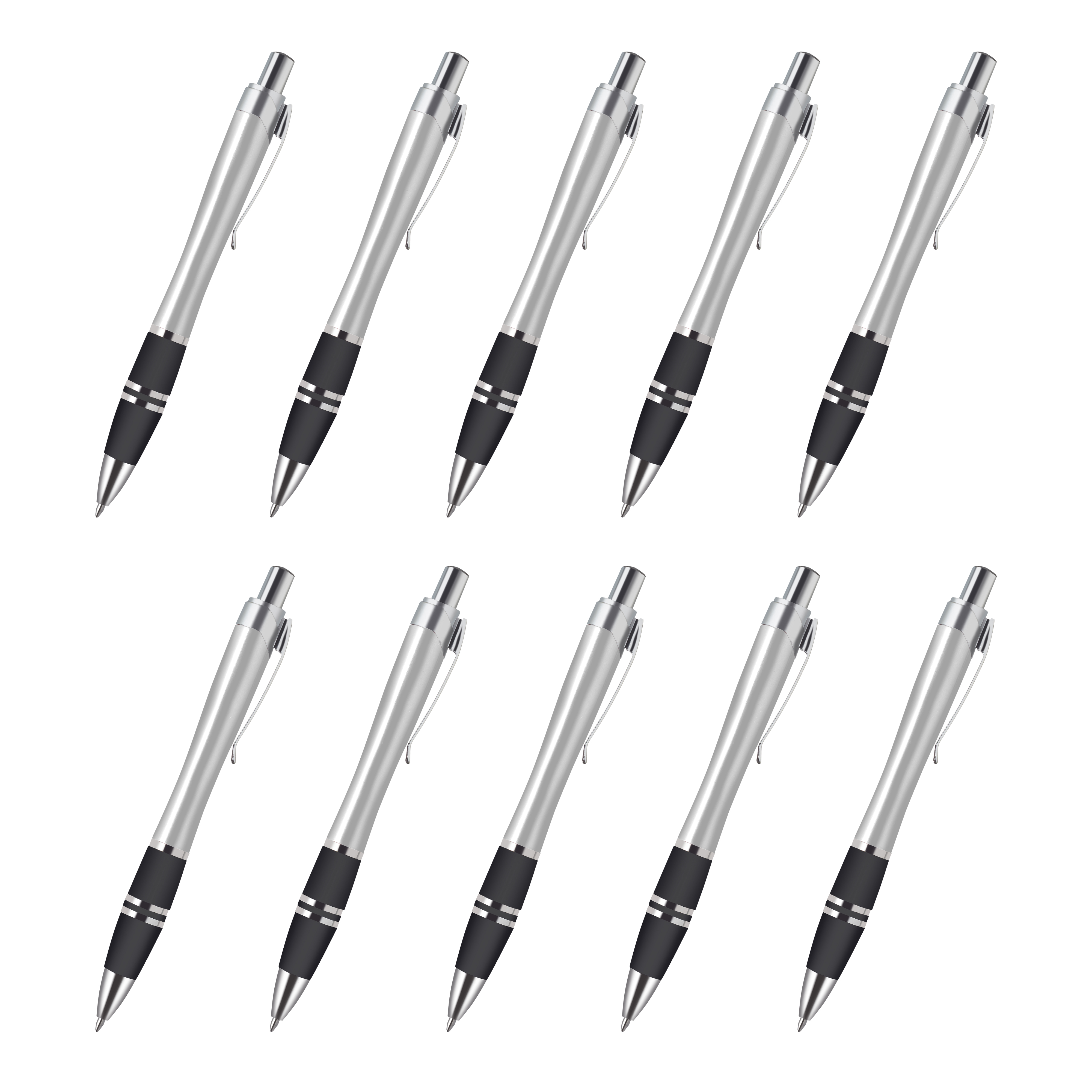10 Silver Accent Grip Plastic Pens Pack - Click action, Rubber Grip - Silver