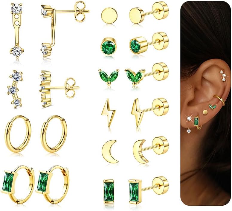 10 Silver Gold Earrings Women Surgical Steel Helix Piercing Studs Earrings Cartilage Earring Conch Tragus Piercing Pair Fine for Jewellery Flat Back Non-Allergenic Hoop Set Cubic Zirconia[q035]