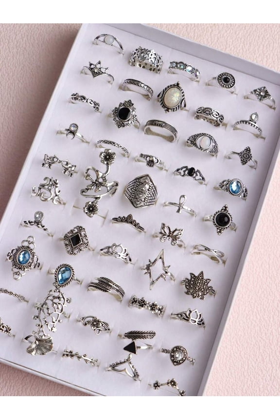 10 Silver Pinky Rings Set  Adjustable Vintage Boho Stackable Rings With Rhinestones & Filigree Designs