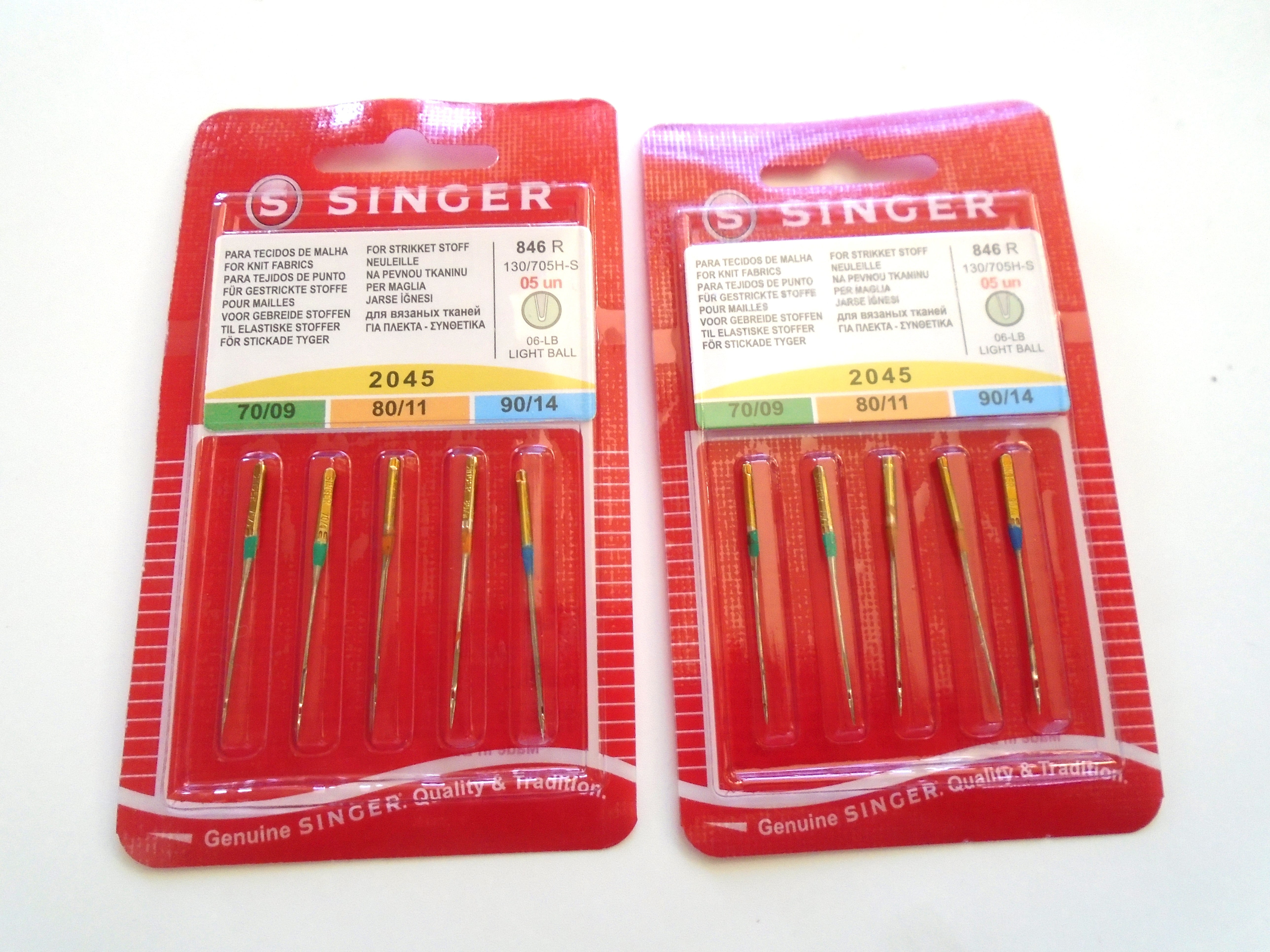 10 Singer Ball Point Needles Flat Shank Yellow Band 2045 Mixed Size 9