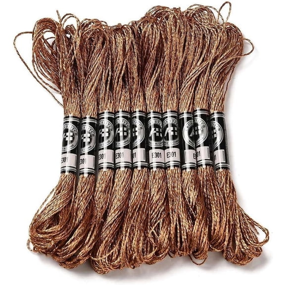 10 Skeins 12-Ply Metallic Polyester Embroidery Floss Glitter Stitch Threads for Craft Needlework Hand Embroidery Friendship Bracelets String Sienna