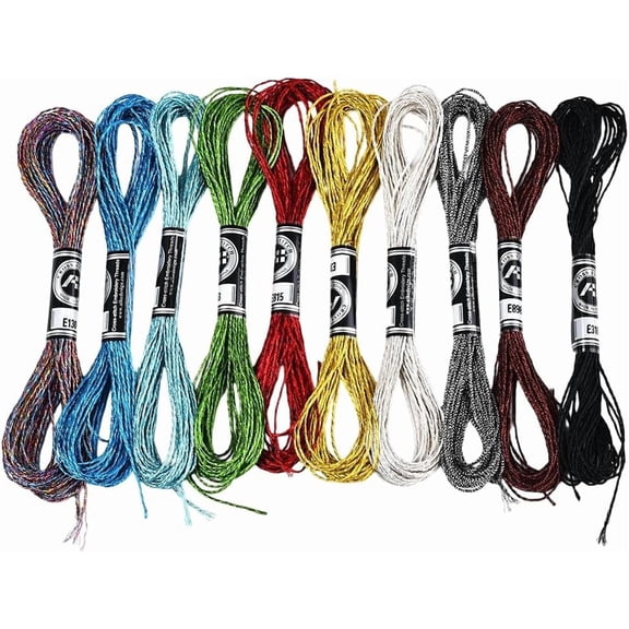 10 Skeins 12-Ply Metallic Polyester Embroidery Floss Glitter Stitch Threads for Craft Needlework Hand Embroidery Mixed Color 0.8mm 8m/skein