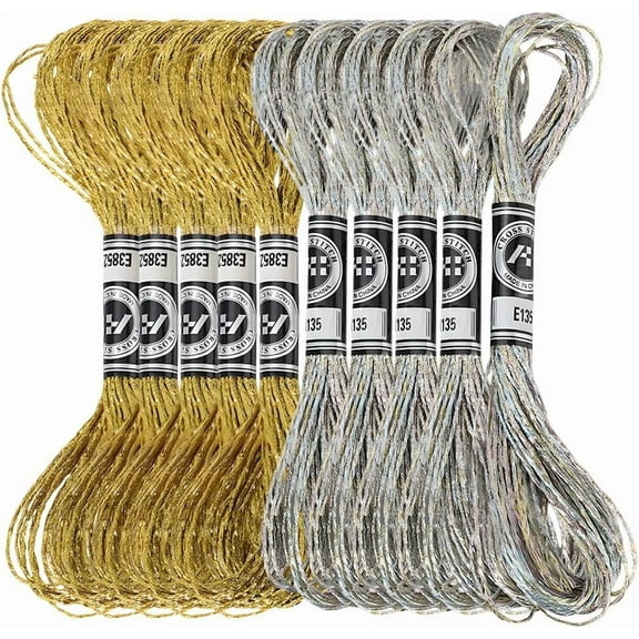 10 Skeins Metallic Embroidery Floss Silver Gold Glitter Stitch Tassel Thread Polyester Friendship Bracelets Shimmer Crewel String Bulk Set for Hand Sewing Making Knitting Crafts DIY