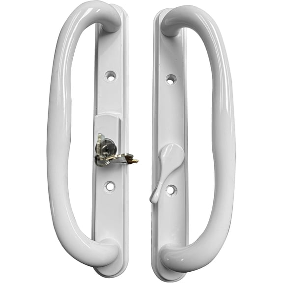 10" Sliding Patio Glass Door White Offset Pull Handle Set with Keys, 3 15/16" Hole Spacing, 1-1/4" to 2-1/4" Door Thickness - Repair Hardware