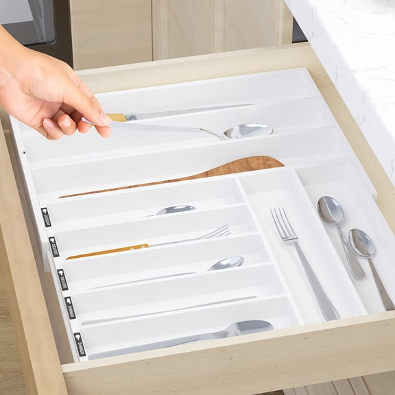 10-Slot Bamboo Drawer Organizer For Kitchen Utensils - Adjustable Silverware Tray With Compartments, Cutlery Holder For Spoons, Forks, Knives, And Flatware - White Drawer Storage Solution