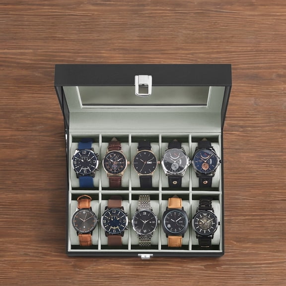10-Slot Watch Box, Black Synthetic Leather, Glass Lid, Removable Pillows, Gray Lining, Watch Organizer