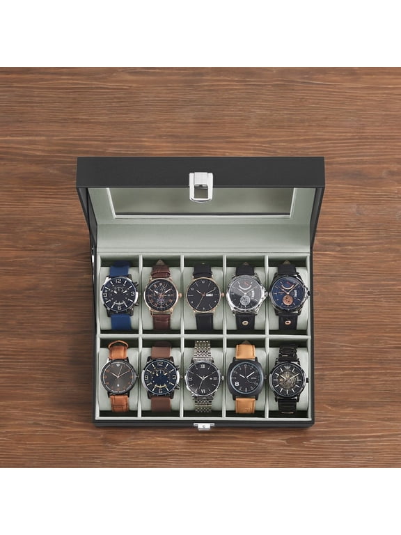 10-Slot Watch Box, Black Synthetic Leather, Glass Lid, Removable Pillows, Gray Lining, Watch Organizer