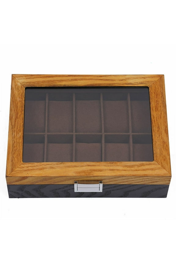 10-Slot Watch Box Wooden Organizer Top Glass Storage Display Case with Lock