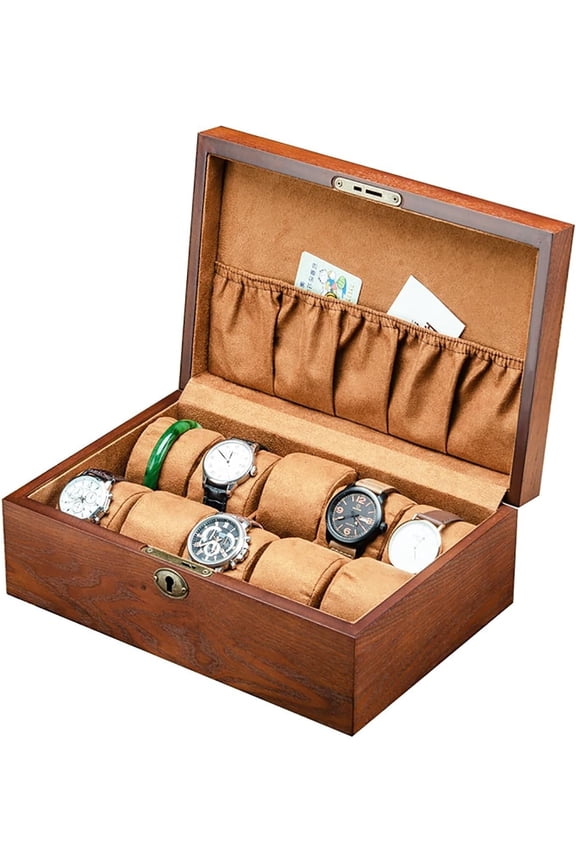 10-Slot Wooden Watch Box Organizer for Men, Lockable Watch Display Case with Microfiber Lining and Removable Pillows, Collector's Gift Box