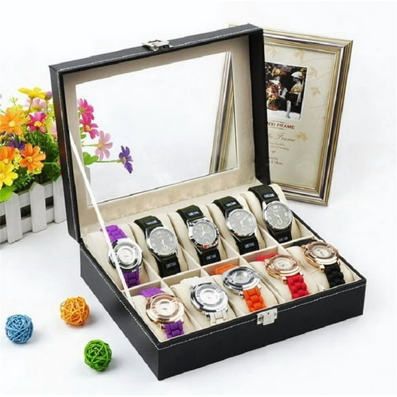 10 Slots Watch Box, High-grade Leather Watch Collection Storage Box, Black