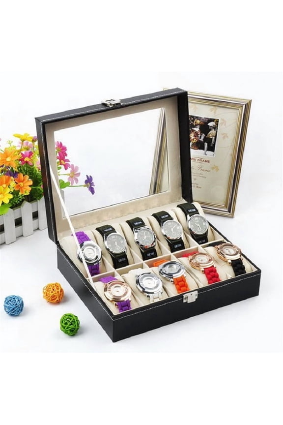 10 Slots Watch Box, High-grade Leather Watch Collection Storage Box, Black
