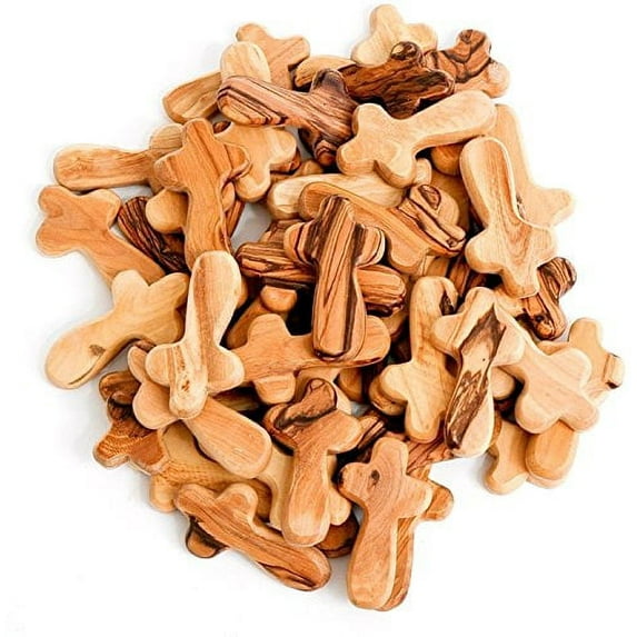 10 Small Olive Wood Pocket / Holding Crosses plus 1 Keychain