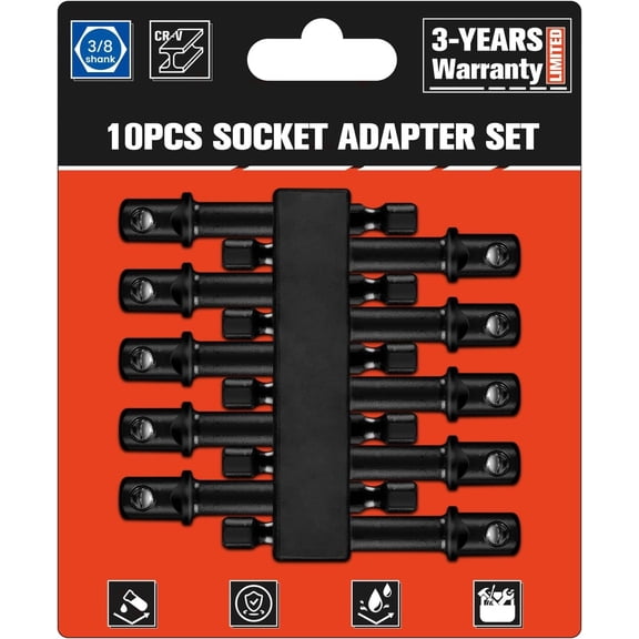 10- Socket Adapter Set, 1/4" Hex Shank to 3/8" Square Drive, CR-V Steel with Phosphated Finish for High Torque Wrench & Power Drill, Automotive & DIY