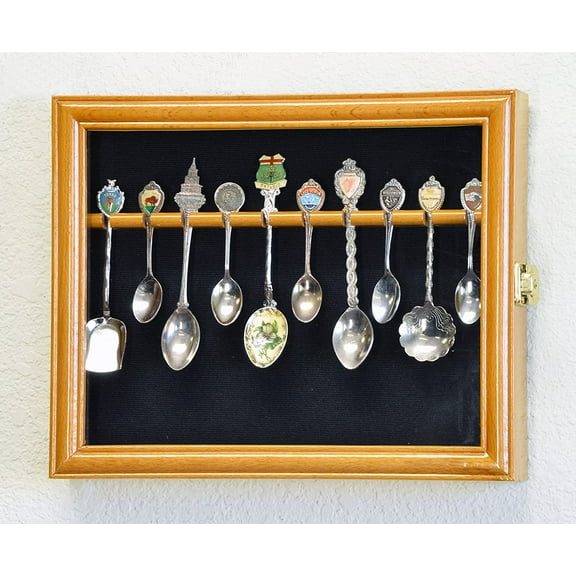 10 Spoon Display Case Cabinet Wall Mount Rack Holder w/98% UV Protection Lockable, Oak