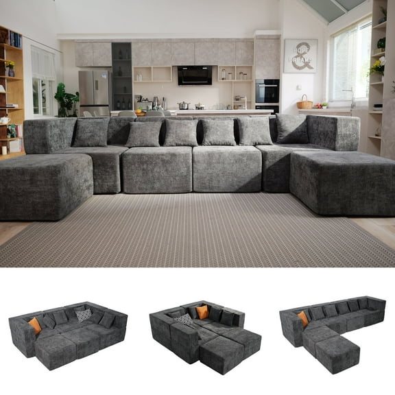 Behost 130" Oversized Modular Sectional Sofa for Living Room Furniture, Chenille Cloud Couch with Ottomans, Dark Gray