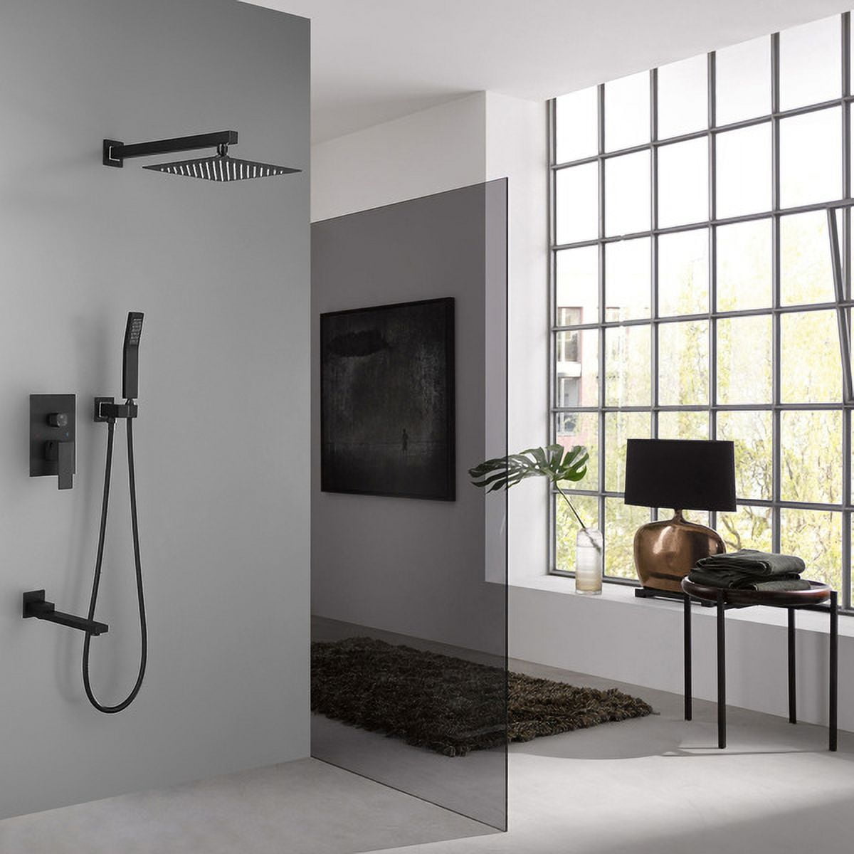 10" Square Luxury Rainfall Shower System – Matte Black Modern Bathroom Set with Air-Injection Technology, Hand Shower, Tub Spout & Rough-In Valve – 3-Function Wall-Mounted Shower Kit