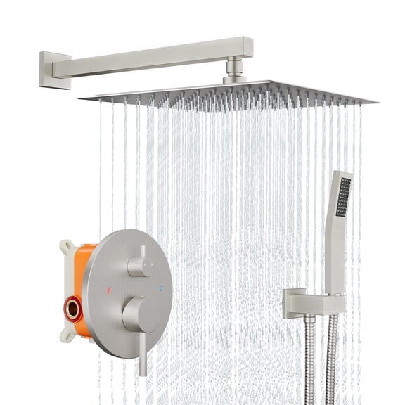 10 in Square Shower System, Brushed Nickel Rainfall Shower Faucet Set Complete with Handheld Shower, Pressure Balance Valve, Tub Spout, Shower Valve Trim Kit for Bathroom
