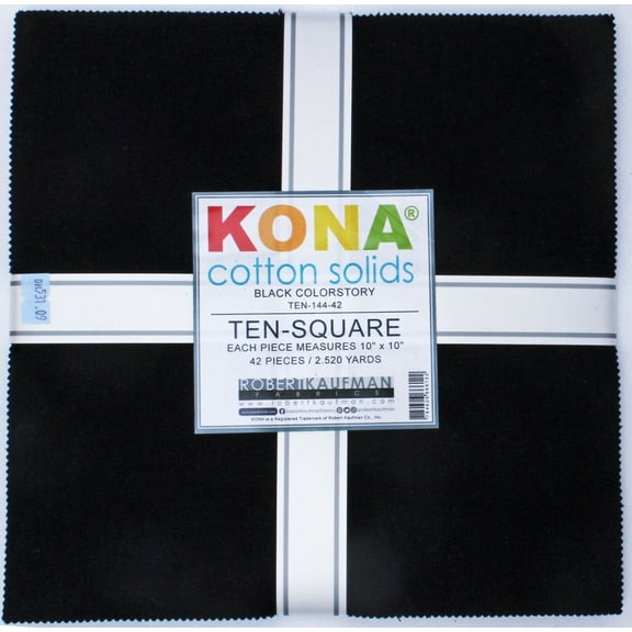 10" Squares - Kona Cotton Solids Black Colorstory Robert Kaufman Ten-Square Fabric Bundle Quilter's Cotton Precuts (TEN-144-42) M531.09