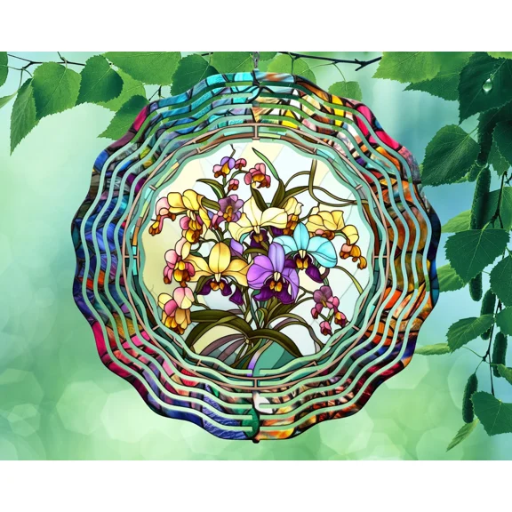 10" Stained Glass Iris Flower Hanging Wind Spinner Yard Decor 3D Kinetic rws-019