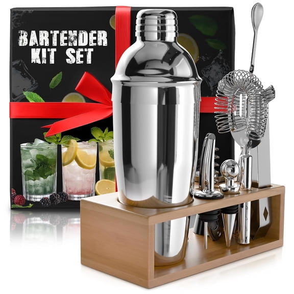 10- Stainless Steel Bar Tools &  Shaker Set with Wooden Stand - Mixology Bartender Kit with Shaker, Jigger, Muddler, Strainer and Spoon - Bar Set  for Men, Hosts and  Lovers