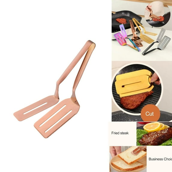 10" Stainless Steel Grill Clamp Spatula, Multifunctional Double-Sided Spatula Tongs with Serrated Edge, Push Pull Design for Pancake Pies, Grill-top Pizza, Steak Flipping & Party Snacks,Rose Gold