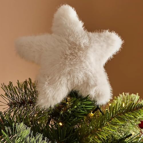 10" Star Christmas Tree Topper White Faux Fur Star Tree Topper Christmas Treetop Ornament Holiday Xmas Decor for Xmas Home Decoration(Fuzzy)