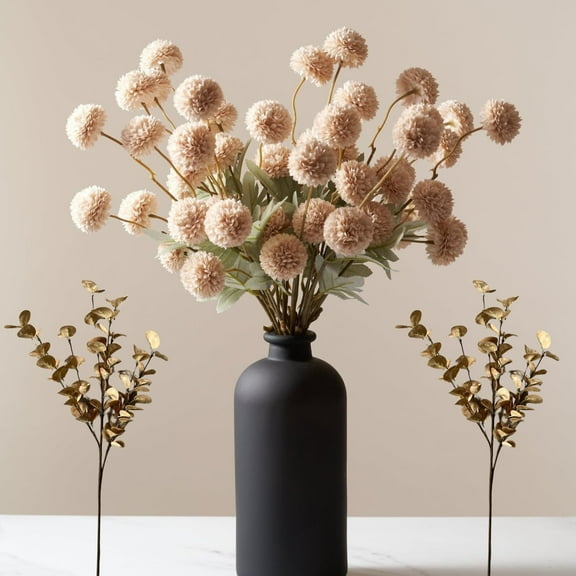 10 Stems Beige Flowers Artificial + Eucalyptus, Fake Mums Long Stem Faux Flowers For Vase, Neutral Floral