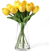 10 Stems Realistic Artificial Tulip Flowers with Glass Vase, Bendable Silk Fake Floral Ornament, Ready Display Home Interior Decoration, Yellow