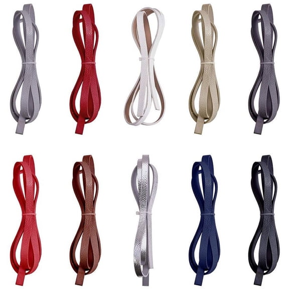 10 Strands 10 Colors 1.3 Yards 10mm Flat Imitation Leather Cords Black Leather Strips Beading Cord Rope for Bracelet Necklace Keychain Jewelry DIY Craft Making Total Length 13 Yards Mixed Color
