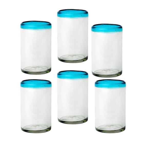 10 Strawberry Street Aqua Rim Hiball Handblown Mexican Glass, Set of 6