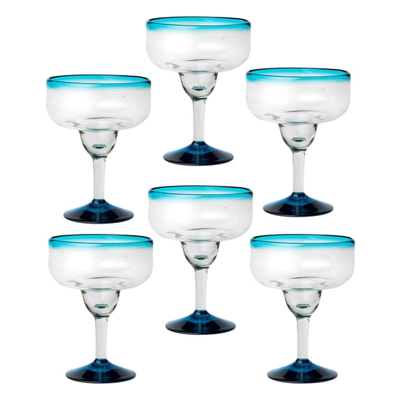 10 Strawberry Street Aqua Rim Margarita Handblown Mexican Glass, Set of 6