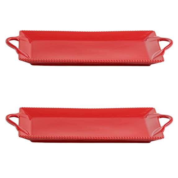 10 Strawberry Street Beaded Leaves Handled Serving Tray, Red, Set of 2