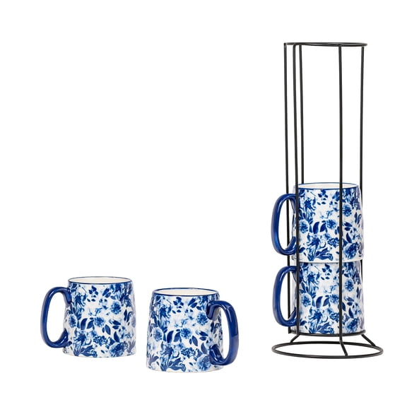 10 Strawberry Street Bella Espresso Demitasse Stack, Blue Peonies, Set of 4