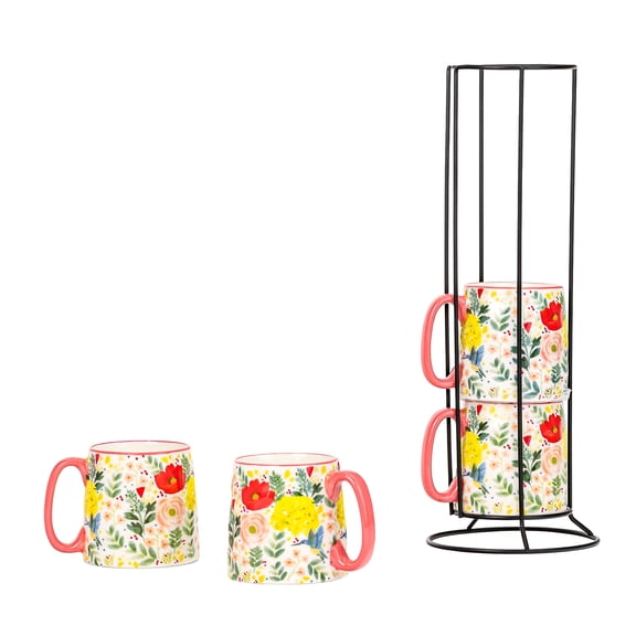 10 Strawberry Street Bella Espresso Demitasse Stack, Bright Flowers, Red, Set of 4