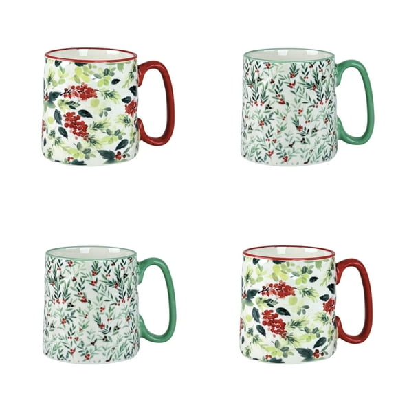 10 Strawberry Street Bella Green & Red Holly Mug, Assorted Set of 4