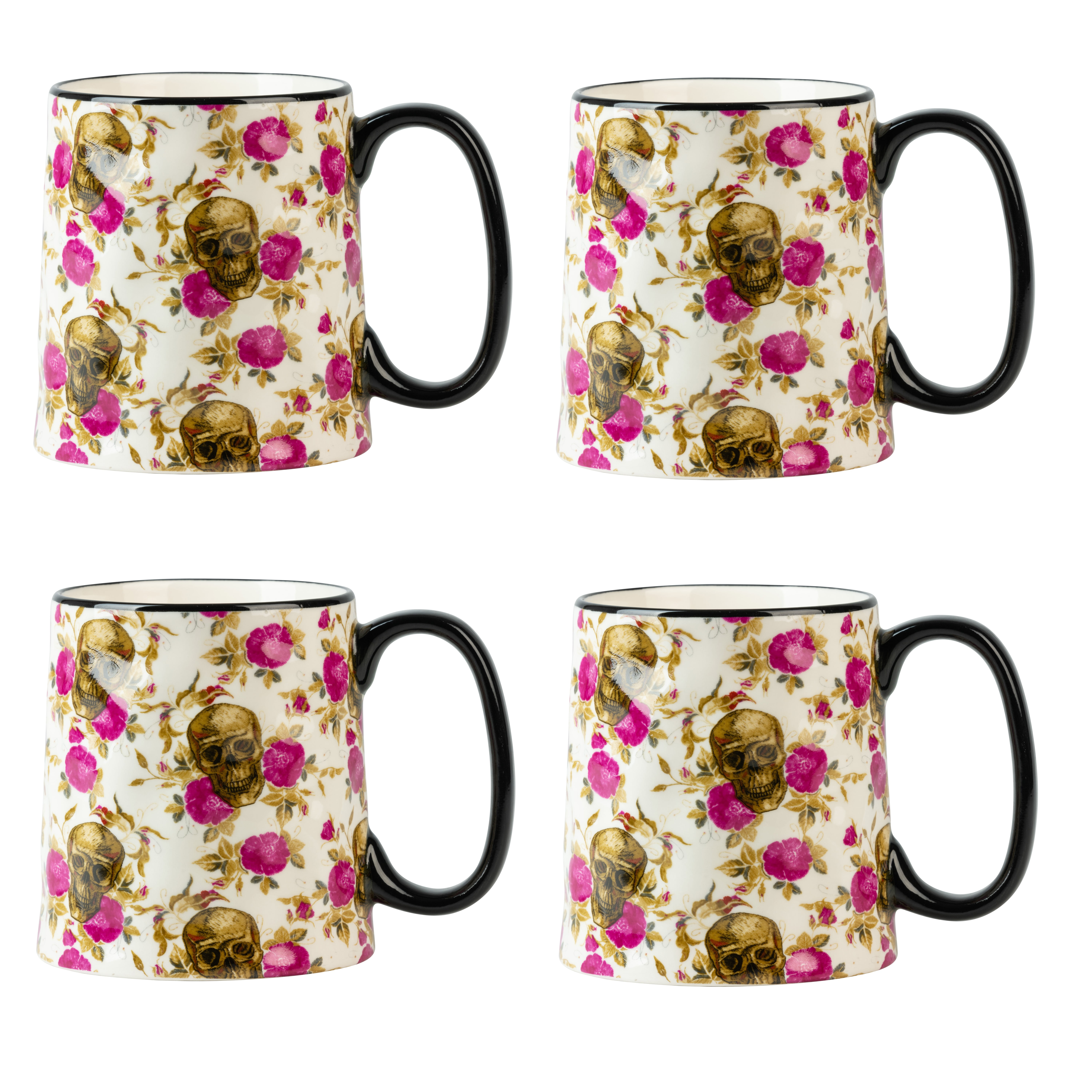 10 Strawberry Street Bella Skull And Roses 14 fl oz Ceramic Mug, Set of 4