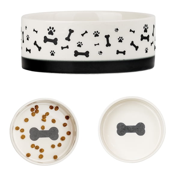 10 Strawberry Street Bone & Paw Banded Pet Dish, White & Black, Set of 2, Large