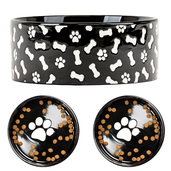 10 Strawberry Street Bone & Paw Pattern Pet Dish, Black & White, Small ,Set of 2