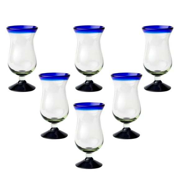 10 Strawberry Street Cobalt Rim Hurricane Handblown Mexican Glass, Set of 6