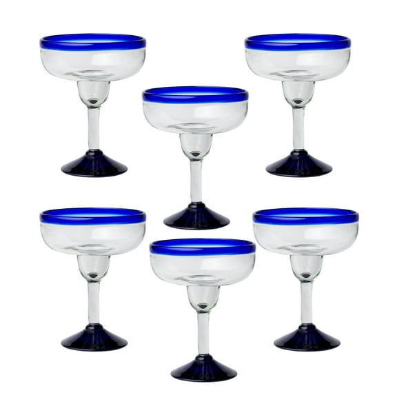 10 Strawberry Street Cobalt Rim Margarita Handblown Mexican Glass, Set of 6