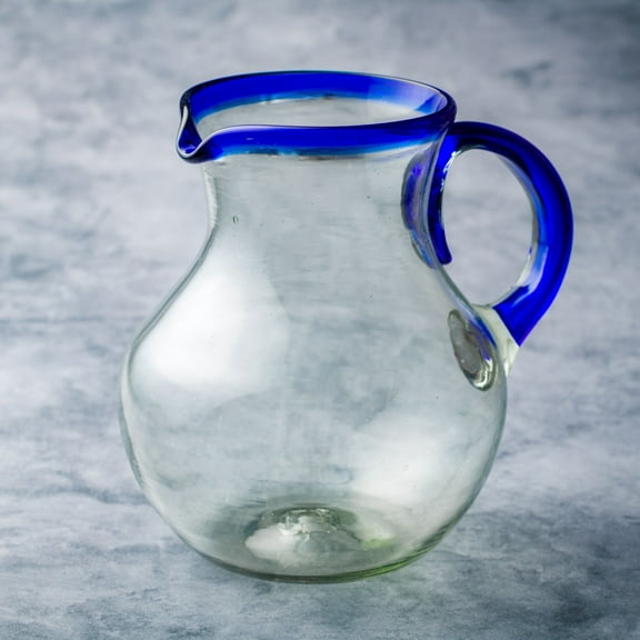 10 Strawberry Street Cobalt Rim Pitcher Handblown Mexican Glass