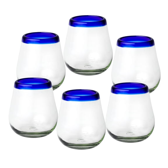 10 Strawberry Street Cobalt Rim Stemless Wine Handblown Mexican Glass, Set of 6