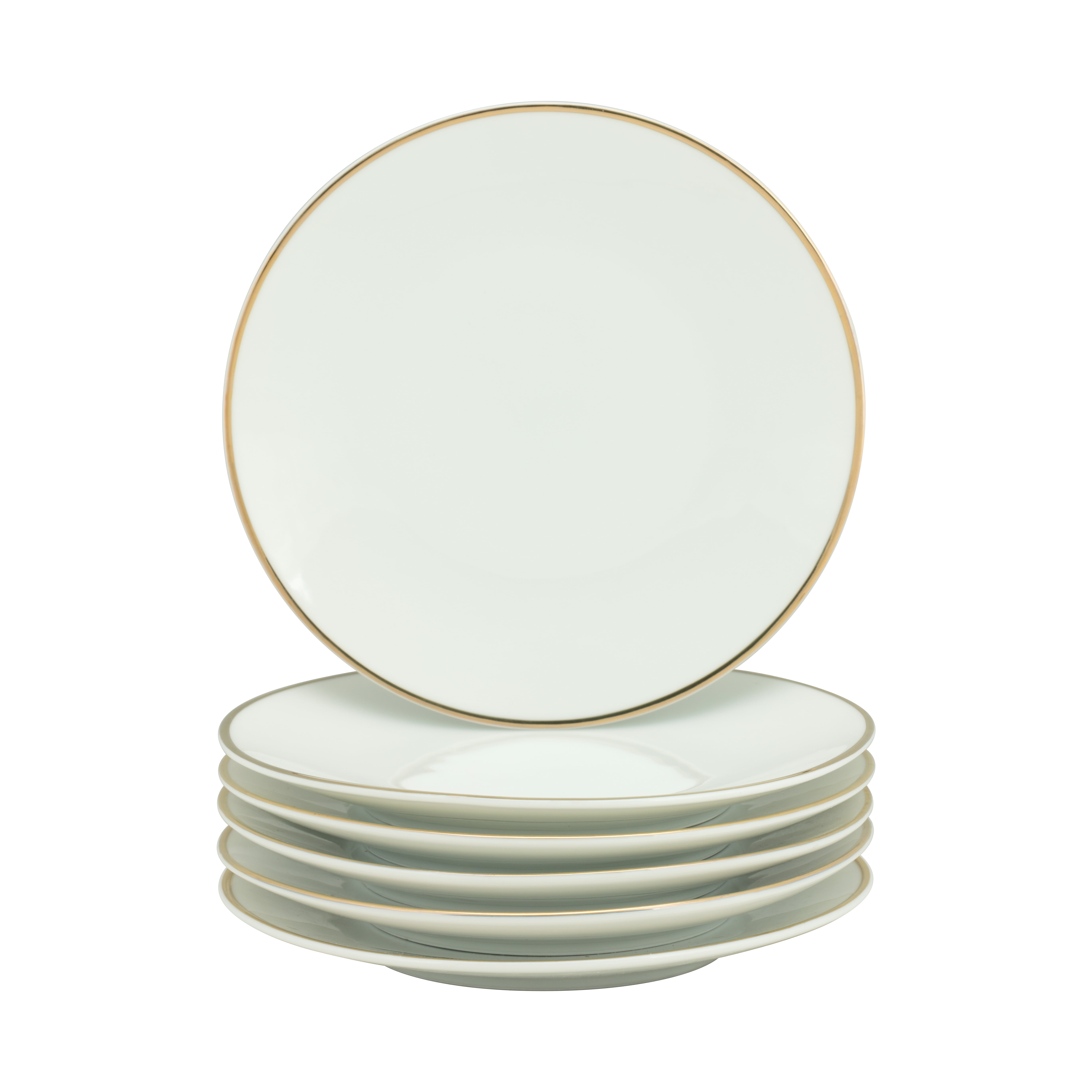 Elegant White Porcelain Bread Plates with Gold Rim, Set of 6