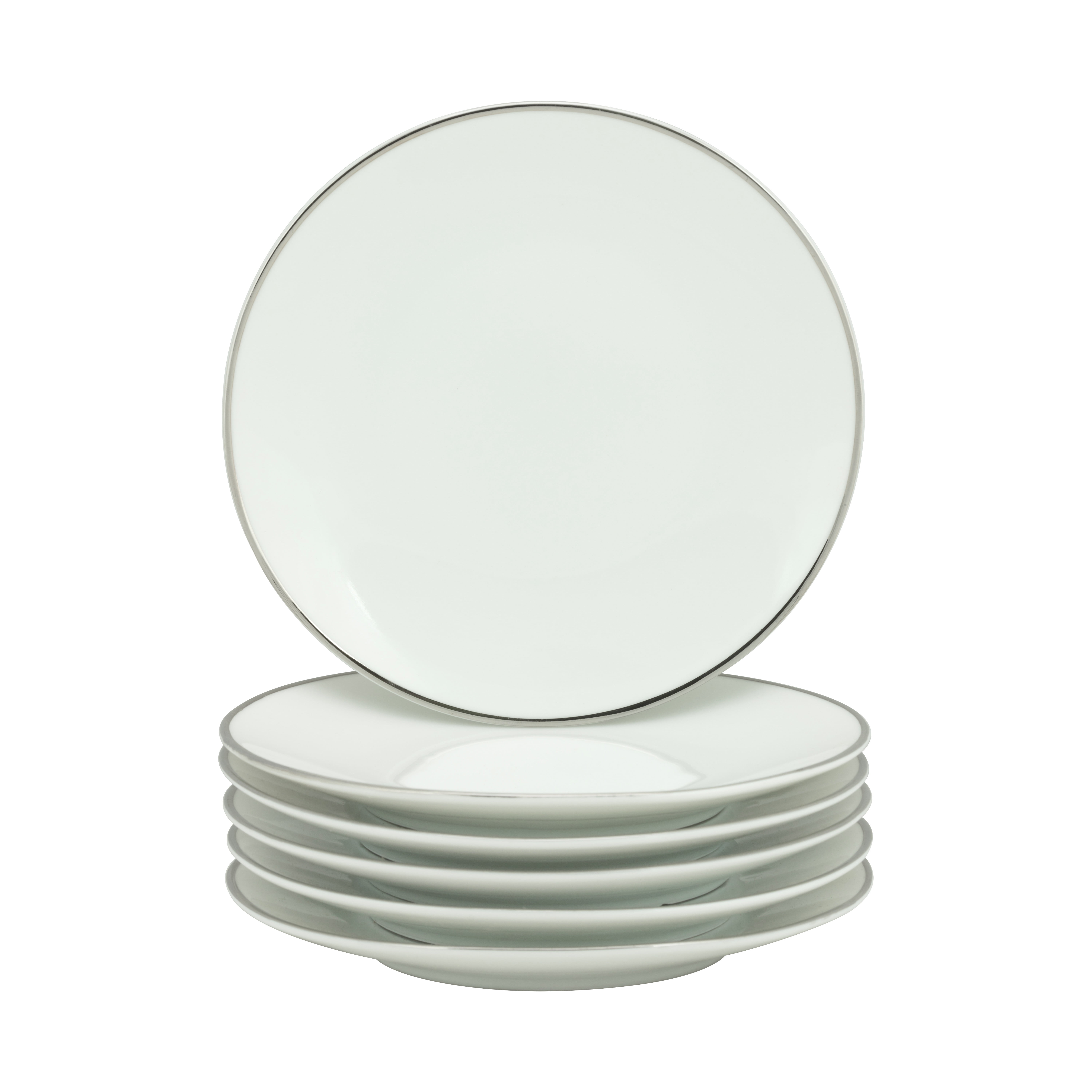 Elegant White Porcelain Bread & Butter Plates with Silver Rim, Set of 6