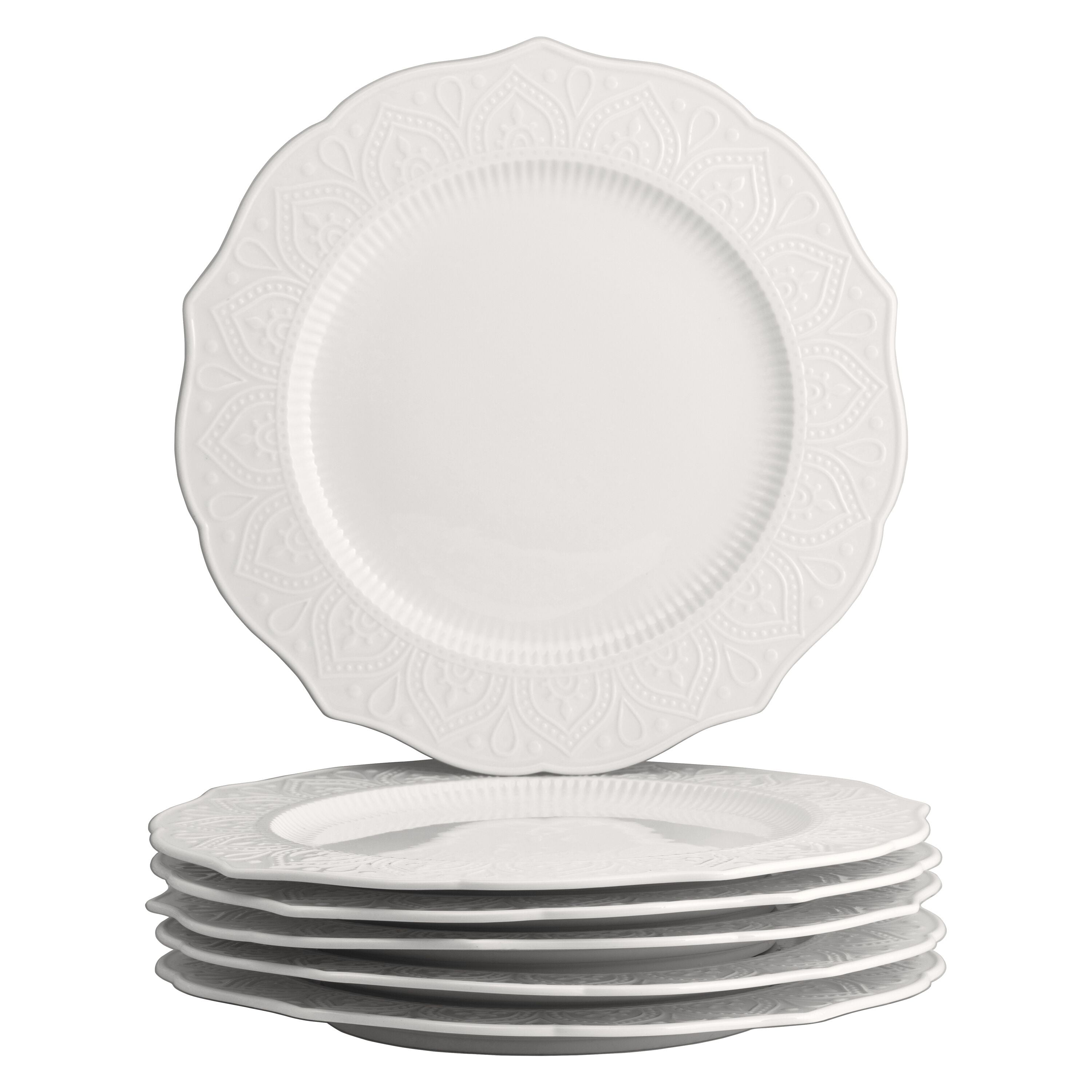 Dahlia White Embossed Porcelain Dinner Plates, Set of 6