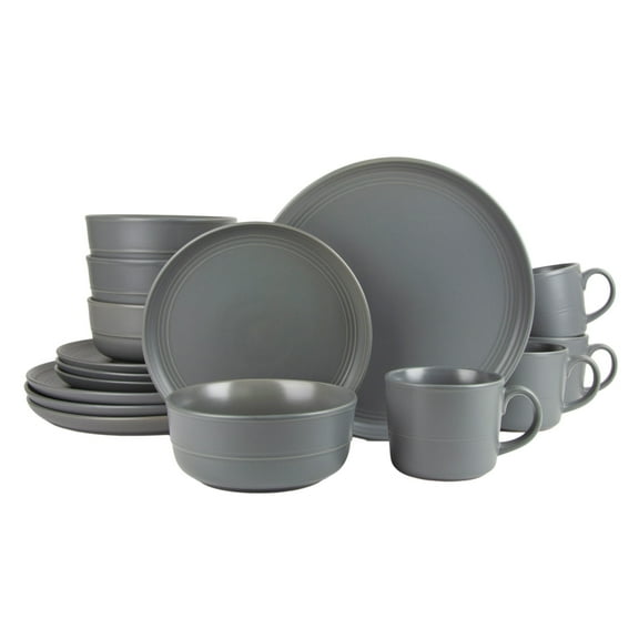 10 Strawberry Street Double Line 16 Piece Stoneware Dinnerware Set, Matte Gray