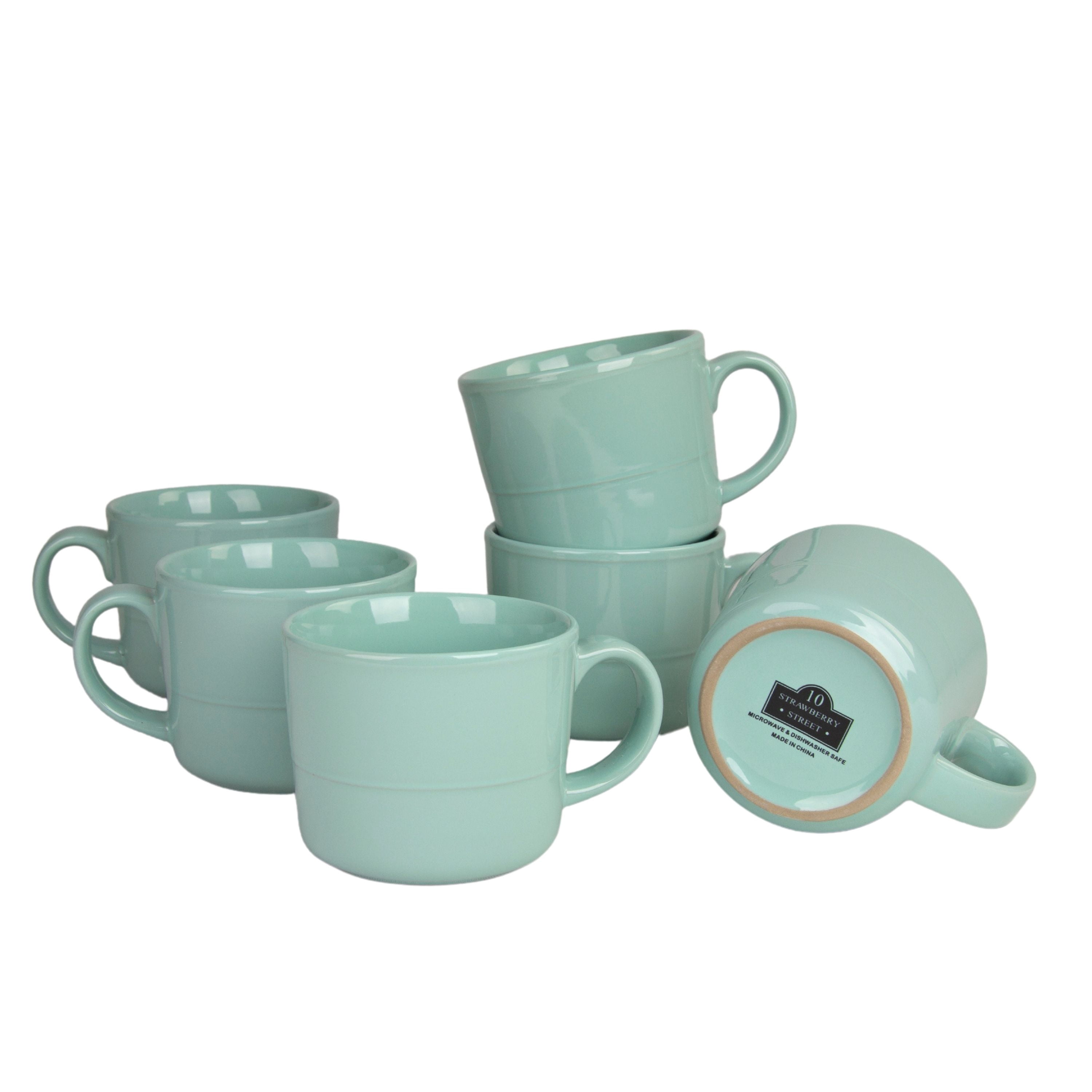 10 Strawberry Street Double Line 3.75"/12 fl oz Stoneware Mug, Set of 6, Seafoam